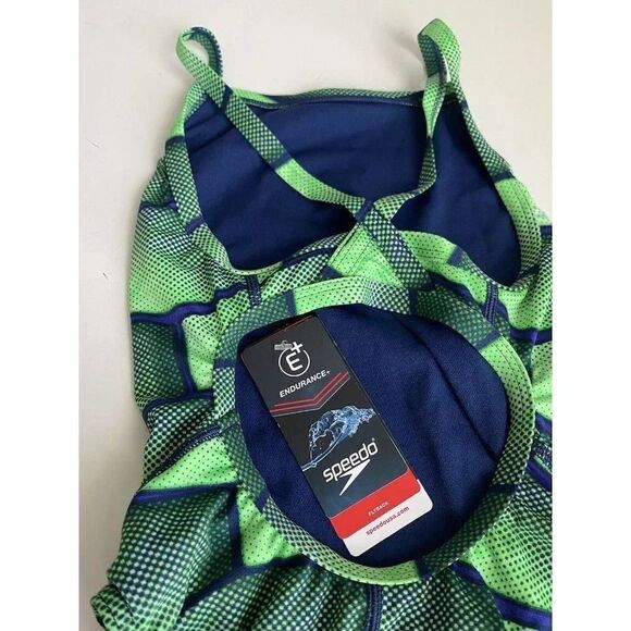 Speedo Endurance+ Flyback Racing Cut Swimsuit Size 26 Green/Blue Competition NEW - Picture 8 of 10